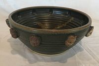 Side view of bowl showing exterior glaze and applied faces