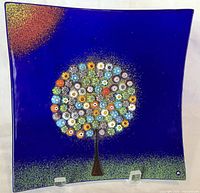 Front view of square cobalt blue Murano glass panel with millefiori tree