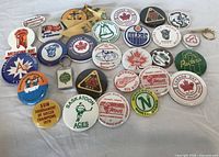 Group shot of all pinback buttons and keychain laid out on flat surface