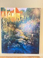 Front view of entire canvas painting showing villa and garden scene