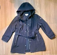 Front view of black hooded belted coat