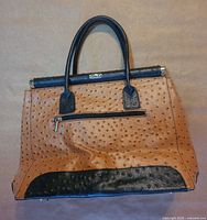 Full front view of ostrich-embossed handbag showing handles, exterior zip pocket and black trim