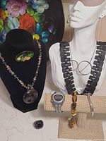 Group shot of all jewelry pieces and painted tray