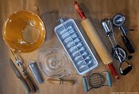 Overhead group shot of all vintage kitchen utensils