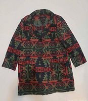Front view of geometric pattern blanket coat