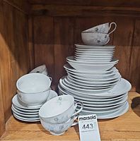 Overall view showing stacks of plates and teacups