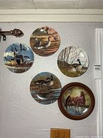 Front view of five decorative plates on wall—four Canada goose plates and one horse plate