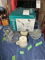 Box of Libbey Lifestyles martini glasses, serving bowl, tray, mugs visible