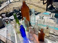 Group view of all twelve antique bottles on table