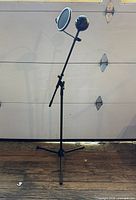 Full view of microphone mounted on boom stand with pop filter
