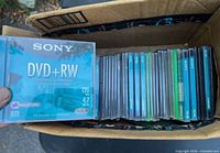 Open box showing row of Sony DVD+RW discs in jewel cases; one case held up for detail