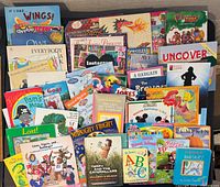 Front view showing most of the 40+ children’s books upright and stacked