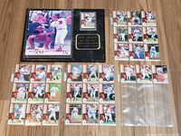 Overall view of plaque and card set laid out on floor