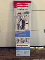 Front of sealed Rubbermaid homefree series closet kit box