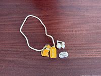 Full view of necklace with charms, clip-on earrings, and token