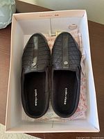 Top view of both clogs in box showing brand on insoles