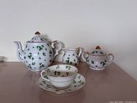 Full set showing teapot, creamer, covered sugar bowl, teacup and saucer