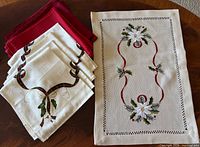 Overview of all holiday linens showing placemat, white napkins and red napkins