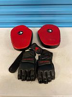 Front view of focus mitts and sparring gloves