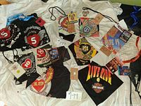Overview of bandanas, passes, lanyards and pin sleeves spread on bed