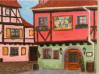 Full view of the acrylic painting showing entire village scene