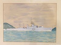 Close image of painting showing ship, signature, date