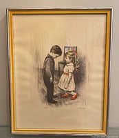 Frontal view of framed lithograph showing image and matting