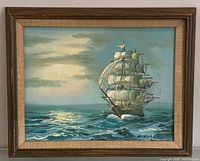 Framed oil painting of tall ship at sea signed Stram