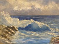 Close view of wave and rocks section of the painting
