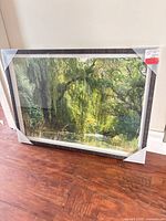 Full view of framed landscape art with packaging
