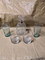 Entire set: decanter, stopper, two green Coca-Cola Classic glasses, two clear rocks glasses