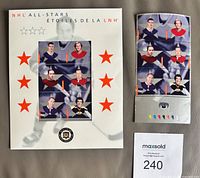 Front view of presentation folder and intact stamp sheet beside detached pane segment