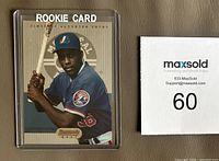 Front of Vladimir Guerrero rookie card inside protective sleeve