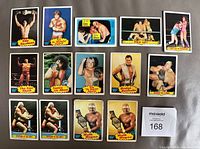 Front view of all 14 1985 WWF cards laid out