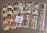 Binder pages with assorted 1979-80 Panini hockey stickers showing portraits and action shots
