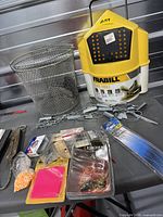 Overall lot showing bait bucket, wire basket and tackle items