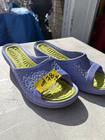 Top view showing lavender perforated uppers and lime green footbeds