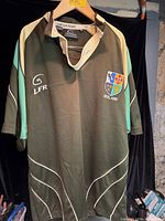 Front view of Ireland rugby jersey hanging, showing crest and logos
