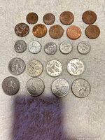 Fronts of all 22 coins arranged by denomination