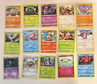 Front view of all 15 Pokémon cards laid out in three rows