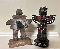 Front view of inukshuk and totem pole figurines