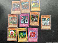 Group shot of all ten cards on black surface