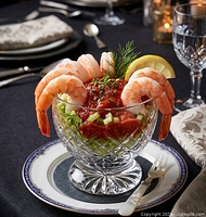 Bowl filled with shrimp cocktail showing cut pattern, foot, and scale