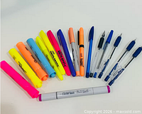 All pens, highlighters, Sharpie markers and Copic marker laid out for overview