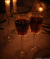 Two filled floral-cut crystal goblets lit by candlelight