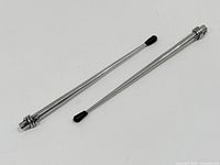 Top view of two chrome tension rods showing full length, washers, nuts, and end caps