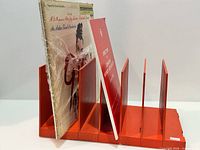 Organizer holding sample LPs to illustrate capacity