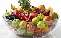 Bowl filled with assorted fruits showing capacity and hammered texture