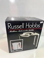 Front of retail box showing Russell Hobbs Midline Automatic Kettle graphics and model
