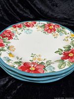 Stack of three floral plates showing rim color and pattern
